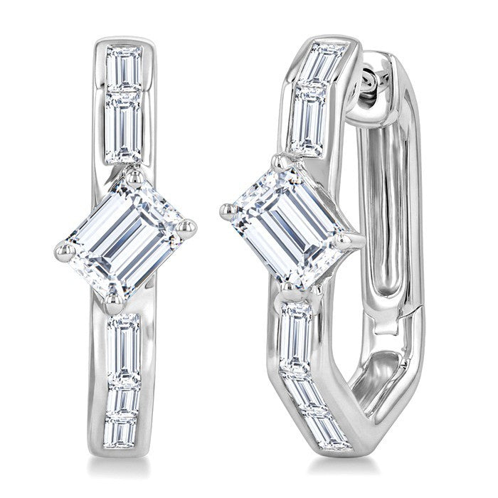 1 Ctw Baguette Cut Diamond Geometric Shape Hoop Earrings in 14K White Gold