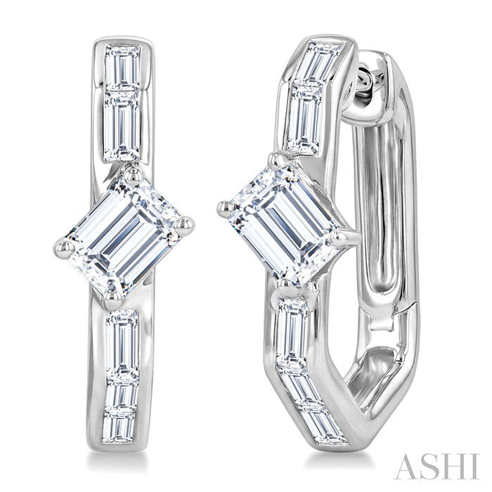 1 Ctw Baguette Cut Diamond Geometric Shape Hoop Earrings in 14K White Gold