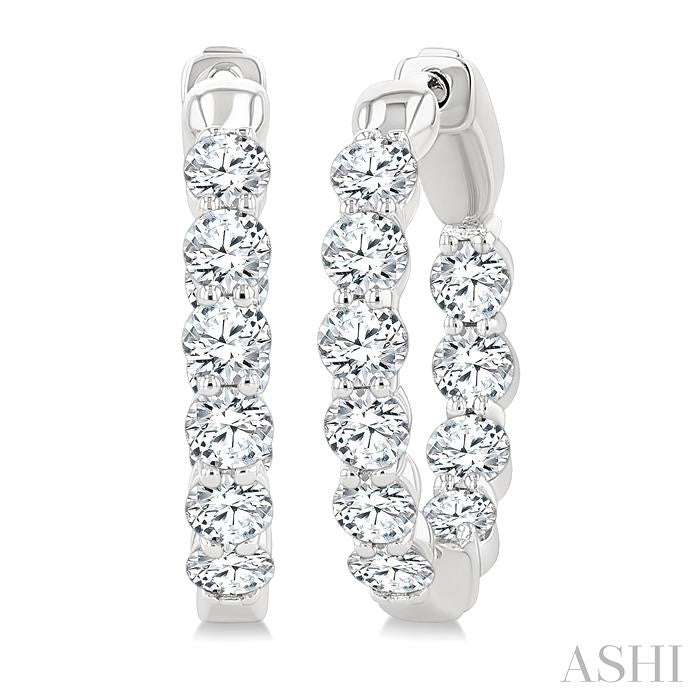 2 Ctw Inside & Out Round Cut Diamond Fashion Hoop Earrings in 14K White Gold