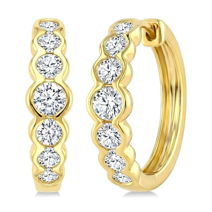 1 Ctw Graduated Bezel Set Round Cut Diamond Fashion Hoop Earrings in 14K Yellow Gold