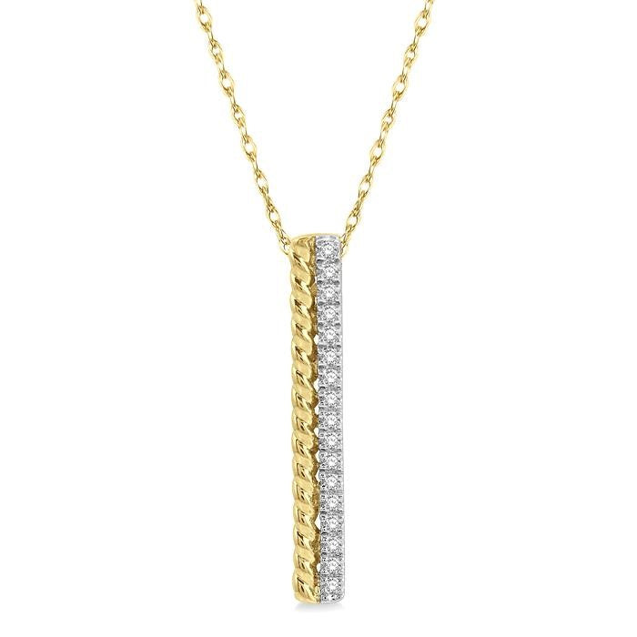 1/6 Ctw Rope Bead & Round Cut Diamond Bar Pendant With Chain in 14K Yellow Gold