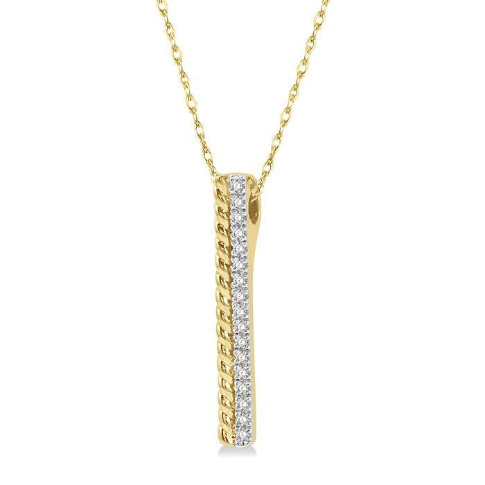 1/6 Ctw Rope Bead & Round Cut Diamond Bar Pendant With Chain in 14K Yellow Gold