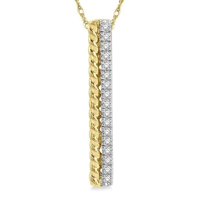 1/6 Ctw Rope Bead & Round Cut Diamond Bar Pendant With Chain in 14K Yellow Gold