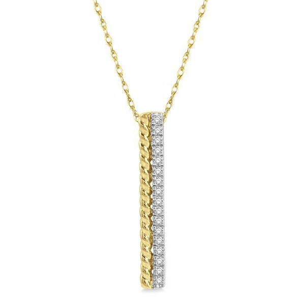 1/6 Ctw Rope Bead & Round Cut Diamond Bar Pendant With Chain in 14K Yellow Gold