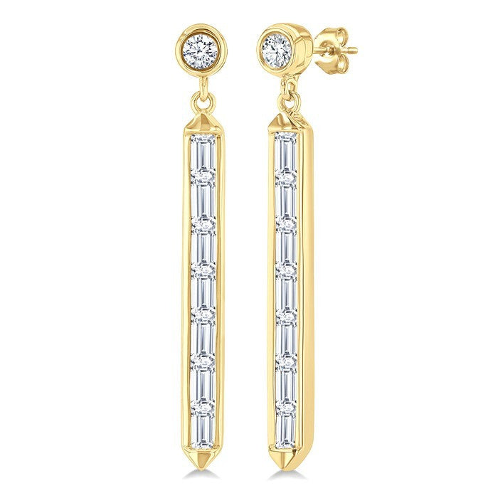 5/8 Ctw Vertical Bar Baguette and Round Cut Diamond Long Fashion Earrings in 14K Yellow Gold