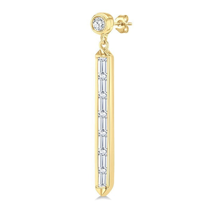 5/8 Ctw Vertical Bar Baguette and Round Cut Diamond Long Fashion Earrings in 14K Yellow Gold