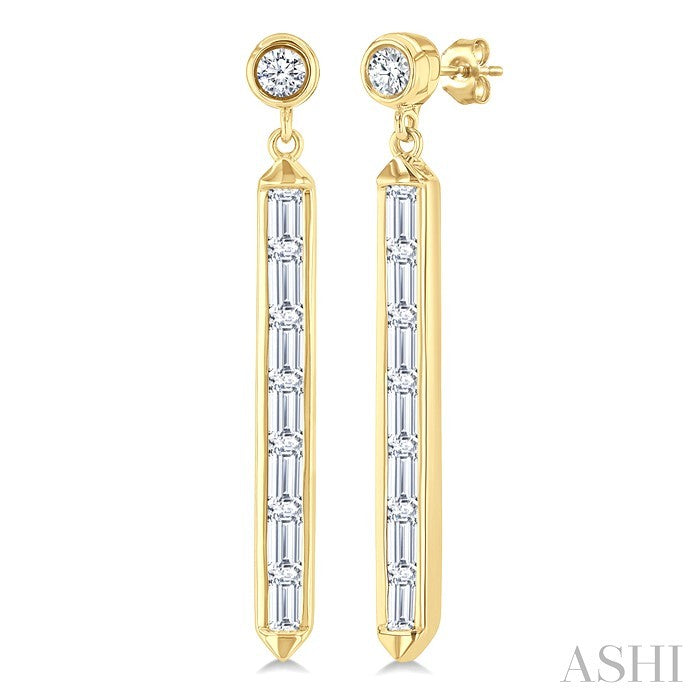 5/8 Ctw Vertical Bar Baguette and Round Cut Diamond Long Fashion Earrings in 14K Yellow Gold