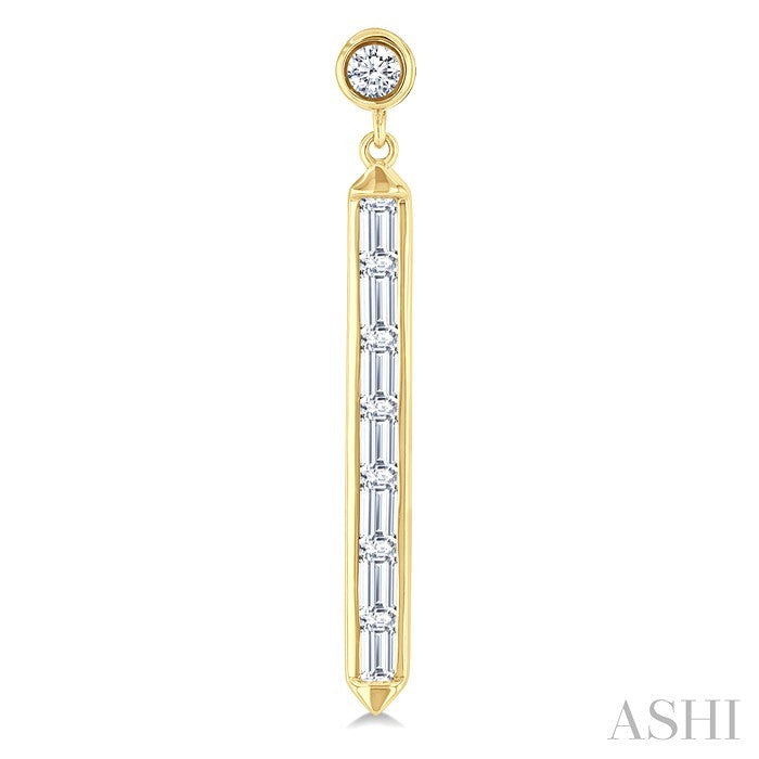 5/8 Ctw Vertical Bar Baguette and Round Cut Diamond Long Fashion Earrings in 14K Yellow Gold