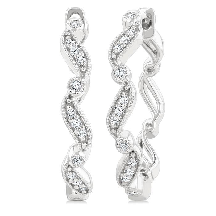 1/8 Ctw Wavy Pattern Round Cut Diamond Fashion Hoop Earrings in 10K White Gold