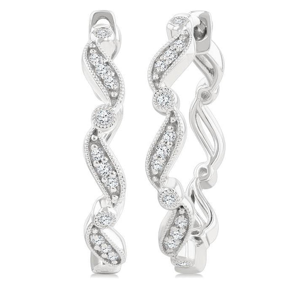 1/8 Ctw Wavy Pattern Round Cut Diamond Fashion Hoop Earrings in 10K White Gold
