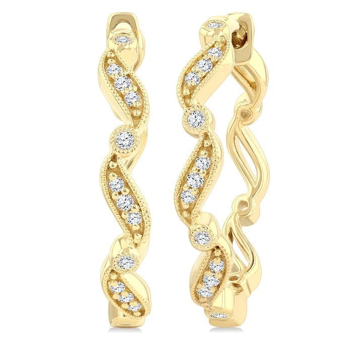 1/8 Ctw Wavy Pattern Round Cut Diamond Fashion Hoop Earrings in 10K Yellow Gold