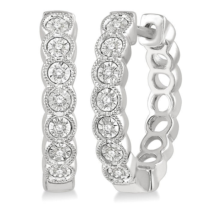 1/10 Ctw Lattice Round Cut Diamond Hoop Earrings in 10K White Gold