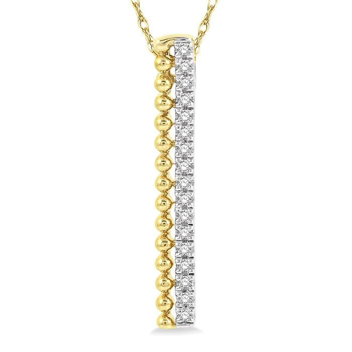 1/6 Ctw Circular Bead & Round Cut Bead Bijoux Diamond Bar Pendant With Chain in 14K Yellow Gold