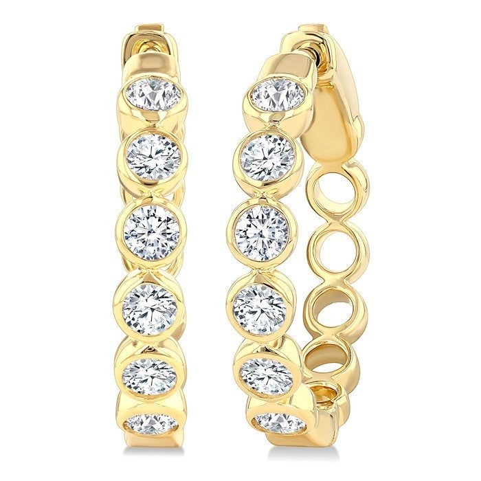 1 Ctw Bezel Set Round Cut Diamond Fashion Hoop Earrings in 14K Yellow Gold