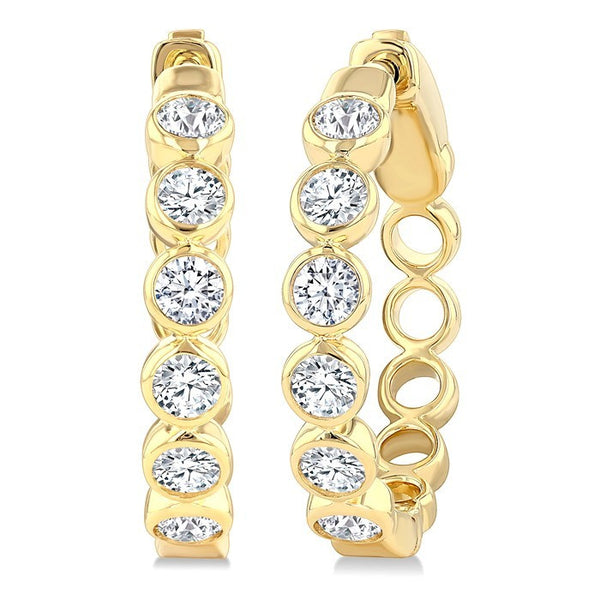 1 Ctw Bezel Set Round Cut Diamond Fashion Hoop Earrings in 14K Yellow Gold