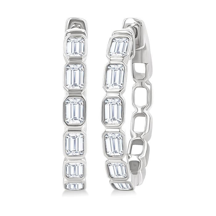 1 1/10 Ctw Bezel Set Emerald Cut Diamond Fashion Hoop Earrings in 14K White Gold