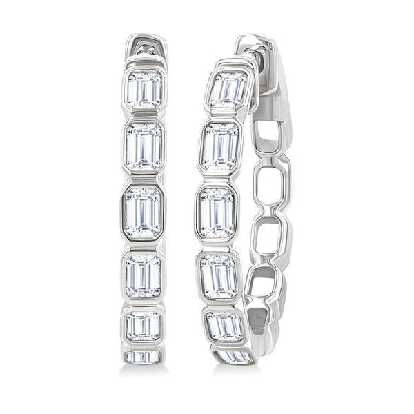 1 1/10 Ctw Bezel Set Emerald Cut Diamond Fashion Hoop Earrings in 14K White Gold