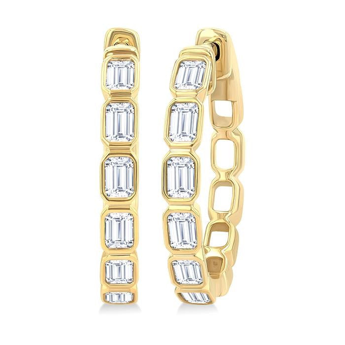 1 1/10 Ctw Bezel Set Emerald Cut Diamond Fashion Hoop Earrings in 14K Yellow Gold