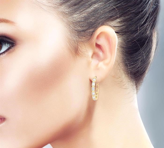 1 1/10 Ctw Bezel Set Emerald Cut Diamond Fashion Hoop Earrings in 14K Yellow Gold