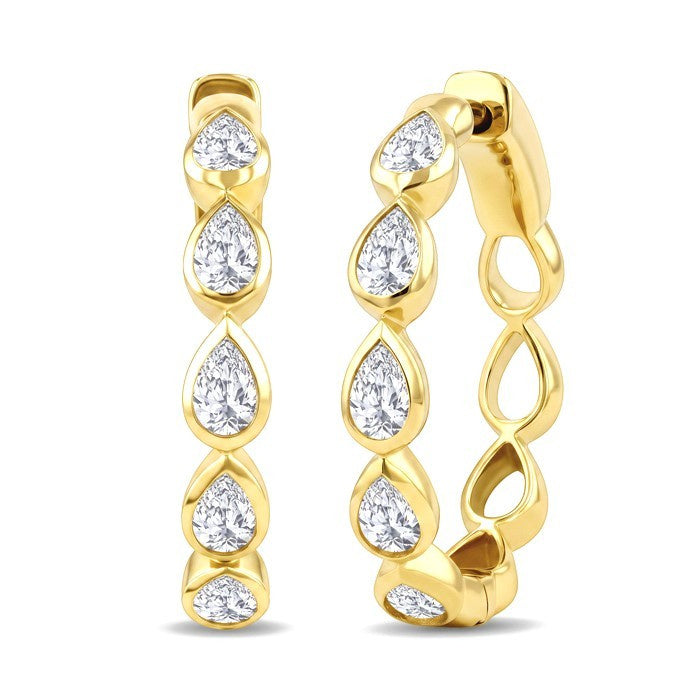1 Ctw Bezel Set Pear Cut Diamond Fashion Hoop Earrings in 14K Yellow Gold