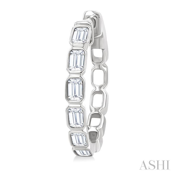 1 1/10 Ctw Bezel Set Emerald Cut Diamond Fashion Hoop Earrings in 14K White Gold