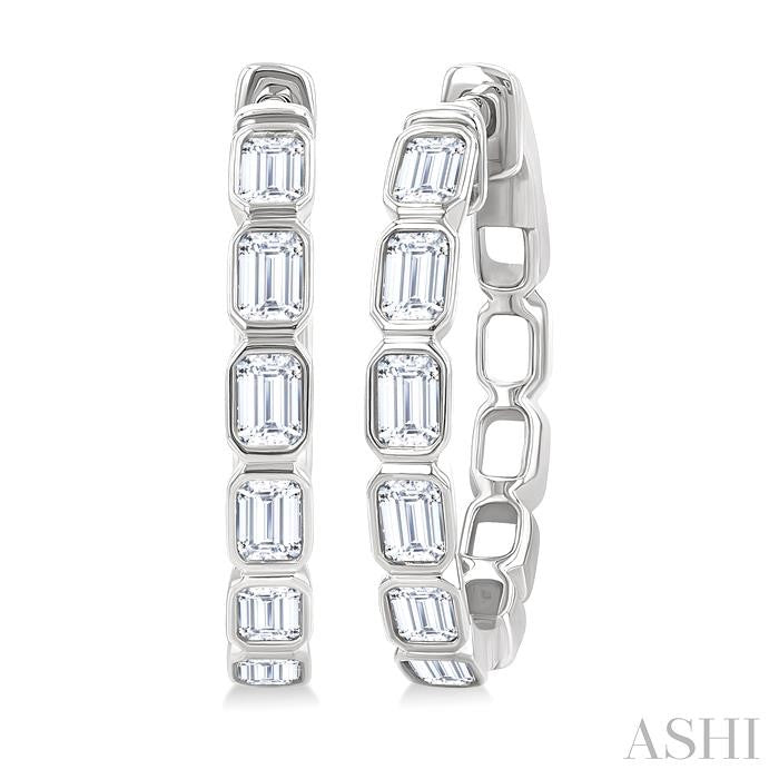 1 1/10 Ctw Bezel Set Emerald Cut Diamond Fashion Hoop Earrings in 14K White Gold