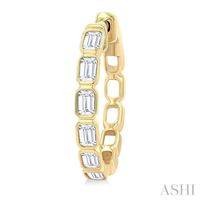 1 1/10 Ctw Bezel Set Emerald Cut Diamond Fashion Hoop Earrings in 14K Yellow Gold