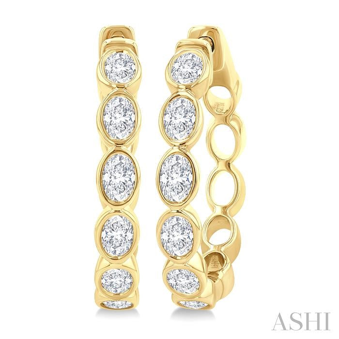 1 1/10 Ctw Bezel Set Oval Cut Diamond Fashion Hoop Earrings in 14K Yellow Gold