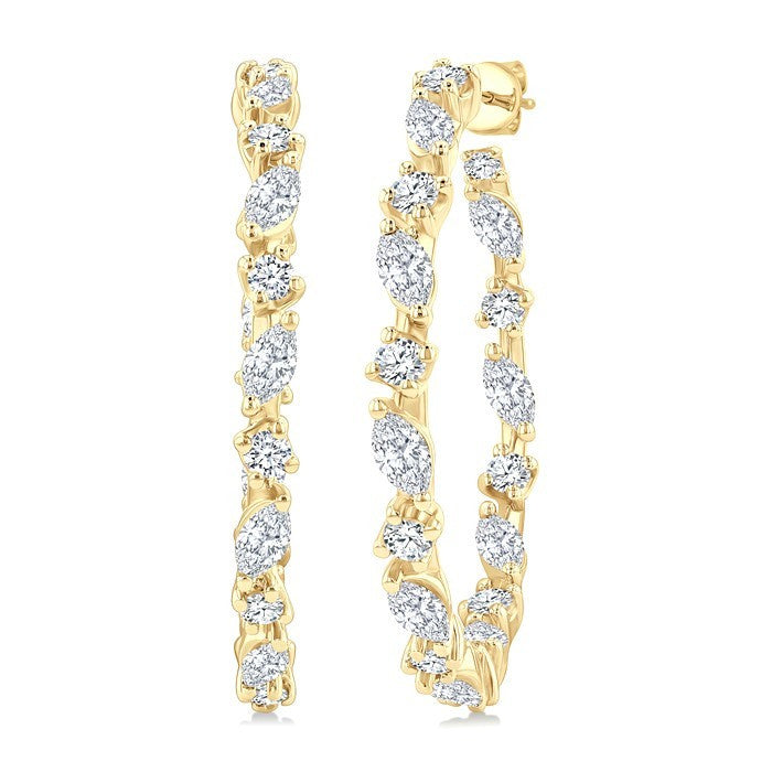1 1/6 Ctw Inside & Outside Marquise and Round Cut Diamond Fashion Open Hoop Earrings in 14K Yellow Gold