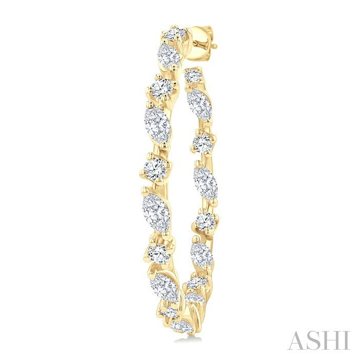 1 1/6 Ctw Inside & Outside Marquise and Round Cut Diamond Fashion Open Hoop Earrings in 14K Yellow Gold