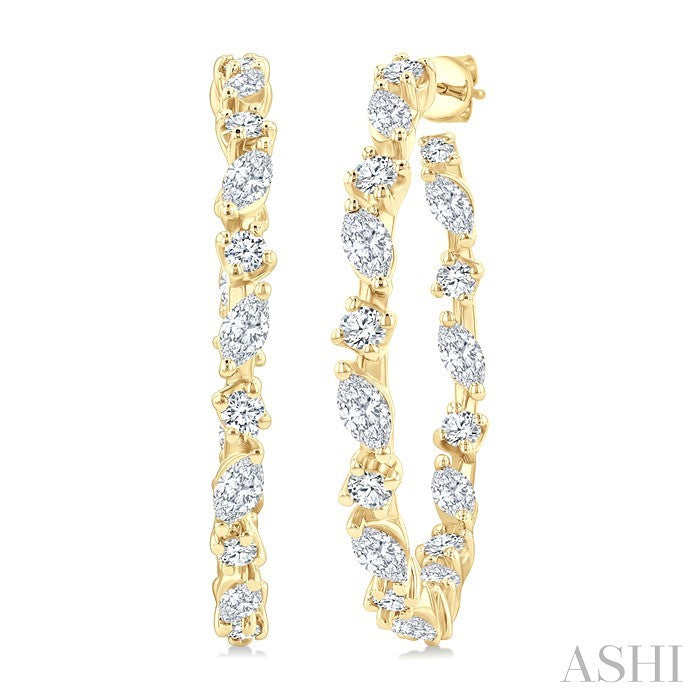 1 1/6 Ctw Inside & Outside Marquise and Round Cut Diamond Fashion Open Hoop Earrings in 14K Yellow Gold