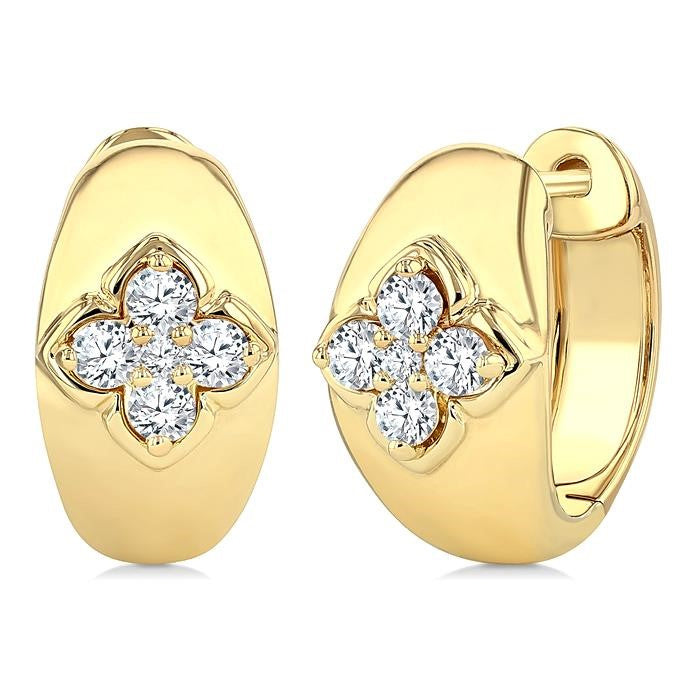 1/4 Ctw Blossom Center Round Cut Diamond Huggie Fashion Earrings in 14K Yellow Gold