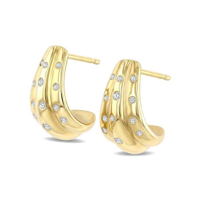 1/5 Ctw Flush Set Round Cut Diamond Fashion Mosaic Half Hoop Earrings in 10K Yellow Gold
