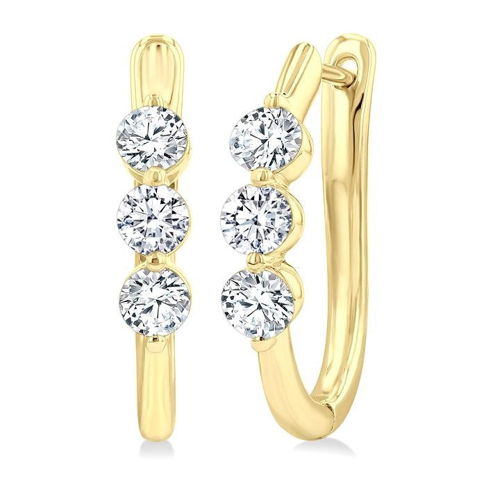 1 Ctw 3-Stone Round Cut Diamond Fashion Hoop Earrings in 14K Yellow Gold