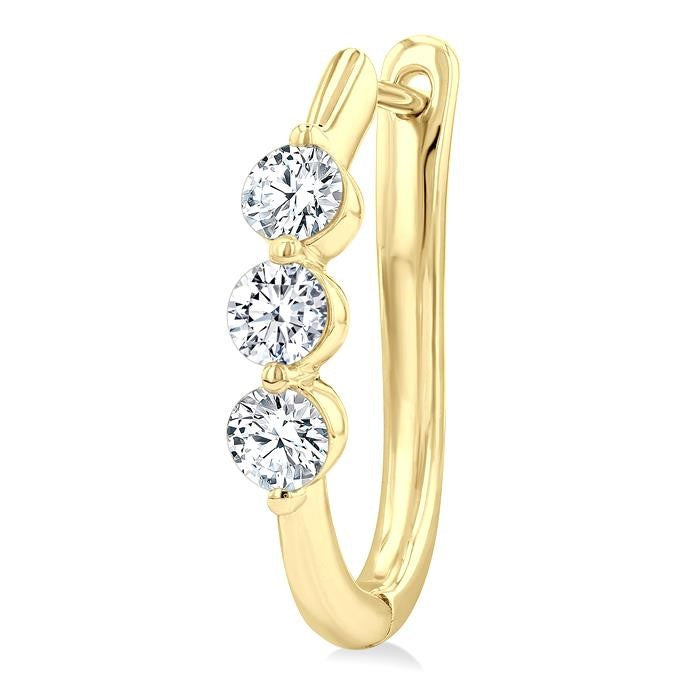 1 Ctw 3-Stone Round Cut Diamond Fashion Hoop Earrings in 14K Yellow Gold