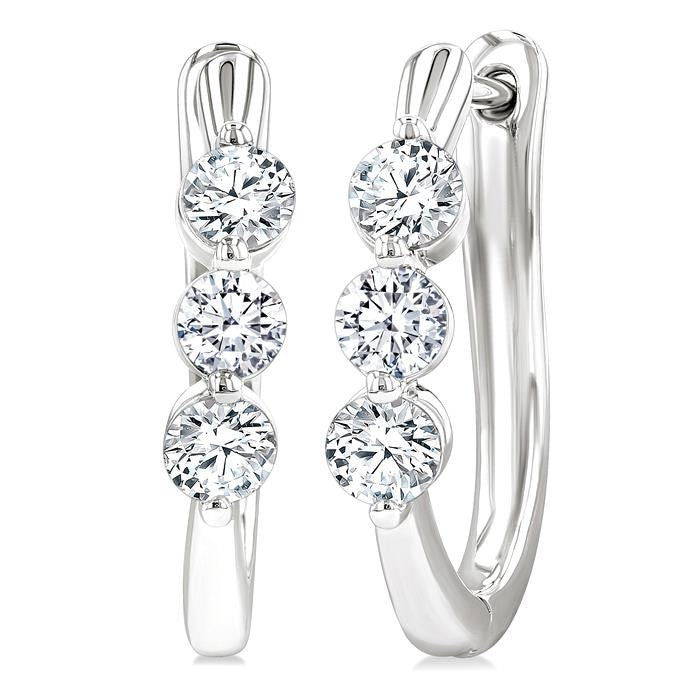 3/4 Ctw 3-Stone Round Cut Diamond Fashion Hoop Earrings in 14K White Gold