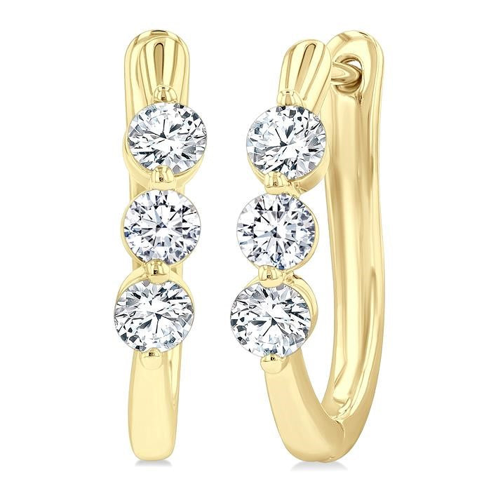 3/4 Ctw 3-Stone Round Cut Diamond Fashion Hoop Earrings in 14K Yellow Gold
