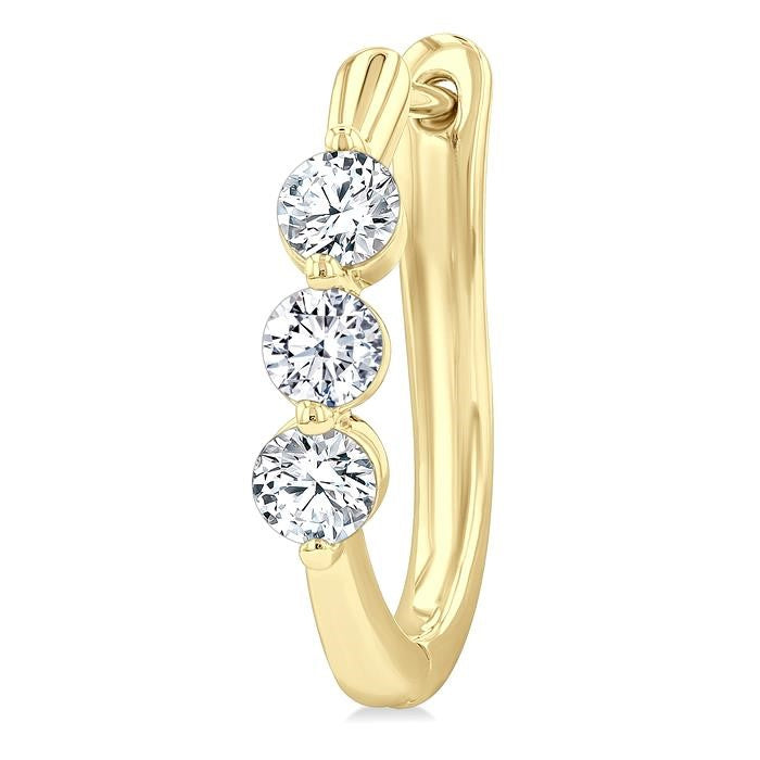 3/4 Ctw 3-Stone Round Cut Diamond Fashion Hoop Earrings in 14K Yellow Gold