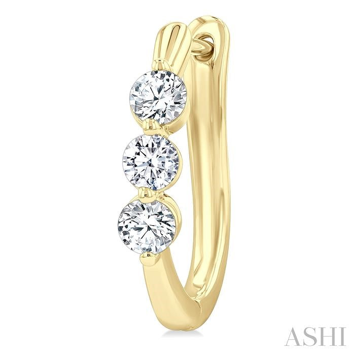 3/4 Ctw 3-Stone Round Cut Diamond Fashion Hoop Earrings in 14K Yellow Gold