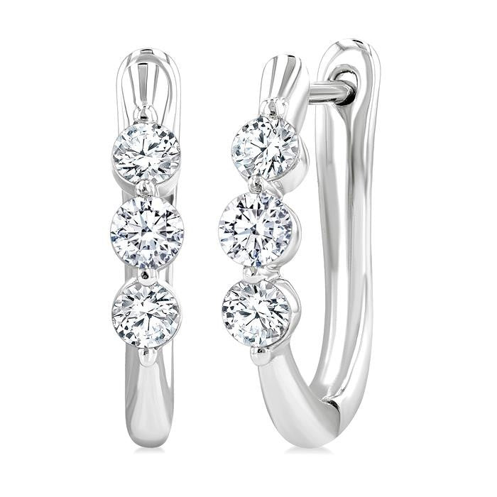 1/2 Ctw 3-Stone Round Cut Diamond Fashion Hoop Earrings in 14K White Gold