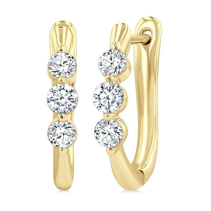 1/2 Ctw 3-Stone Round Cut Diamond Fashion Hoop Earrings in 14K Yellow Gold