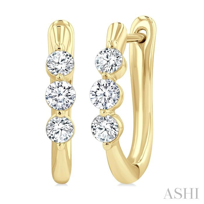 1/2 Ctw 3-Stone Round Cut Diamond Fashion Hoop Earrings in 14K Yellow Gold