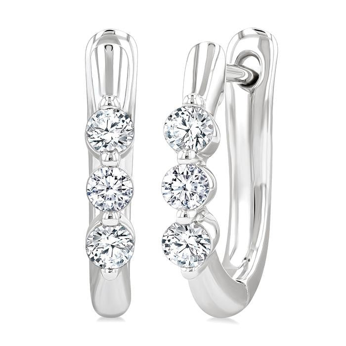 1/3 Ctw 3-Stone Round Cut Diamond Fashion Hoop Earrings in 14K White Gold