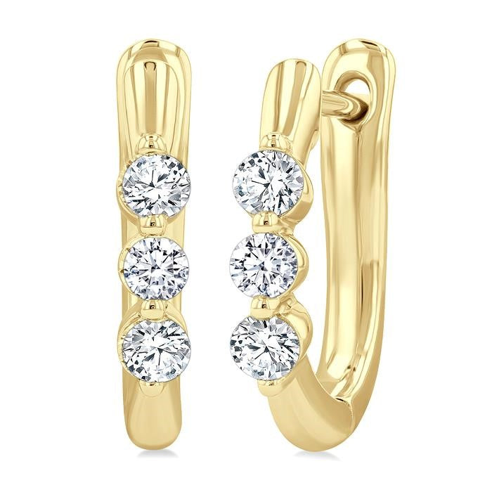 1/3 Ctw 3-Stone Round Cut Diamond Fashion Hoop Earrings in 14K Yellow Gold