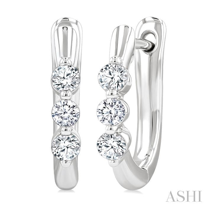 1/3 Ctw 3-Stone Round Cut Diamond Fashion Hoop Earrings in 14K White Gold