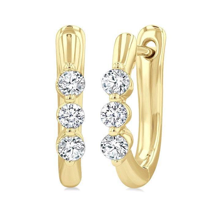 1/4 Ctw 3-Stone Round Cut Diamond Hoop Earrings in 14K Yellow Gold