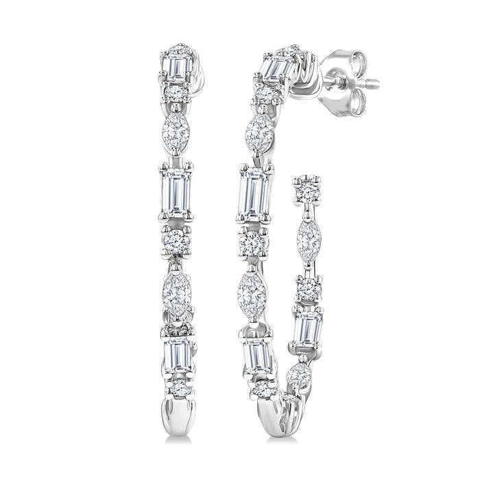 1 1/6 Ctw Inside & Outside Mixed Diamond Cut Fashion Open Hoop Earrings in 14K White Gold