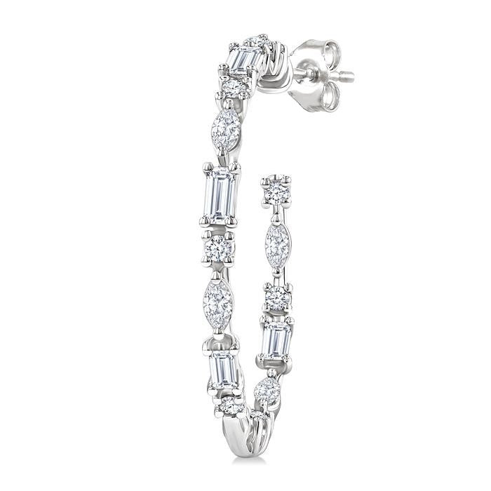 1 1/6 Ctw Inside & Outside Mixed Diamond Cut Fashion Open Hoop Earrings in 14K White Gold