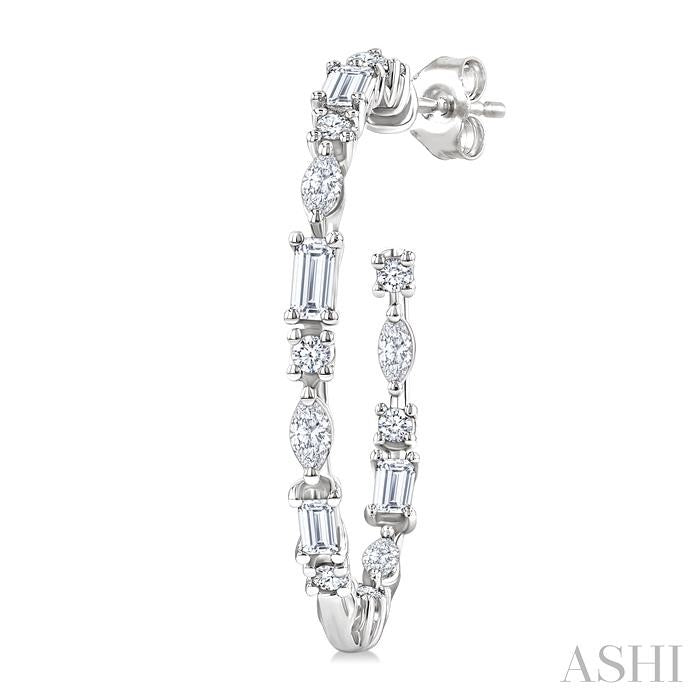 1 1/6 Ctw Inside & Outside Mixed Diamond Cut Fashion Open Hoop Earrings in 14K White Gold