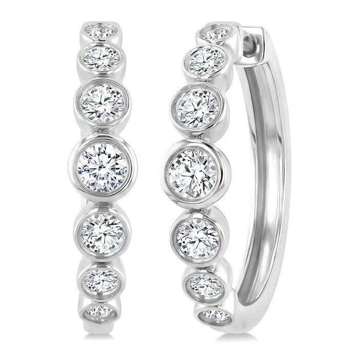 1 1/10 Ctw Graduated Bezel Set Round Cut Diamond Fashion Hoop Earrings in 14K White Gold